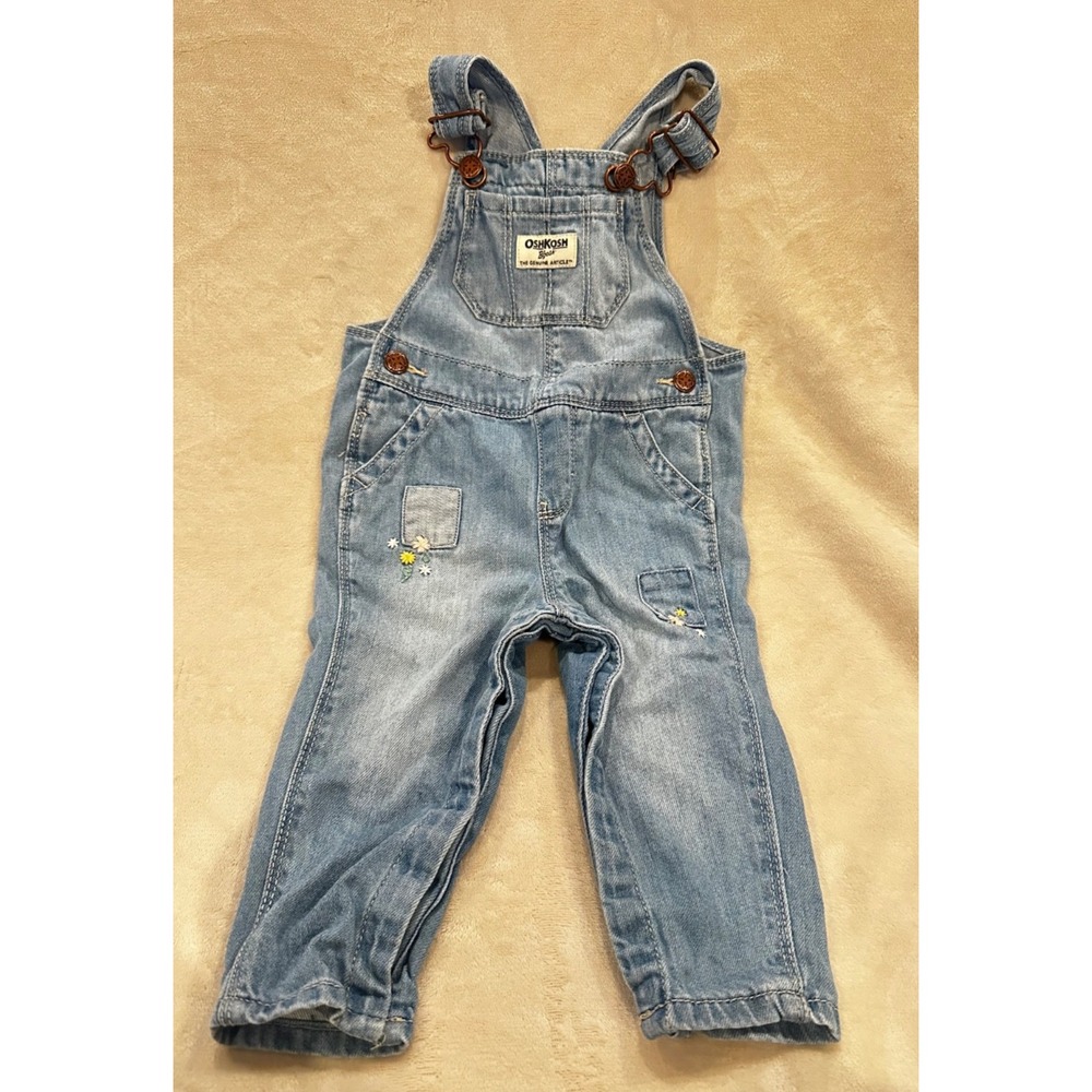 OshKosh B'Gosh Denim Embroidered Patchwork Overalls Baby Size 9 Months Blue Jean